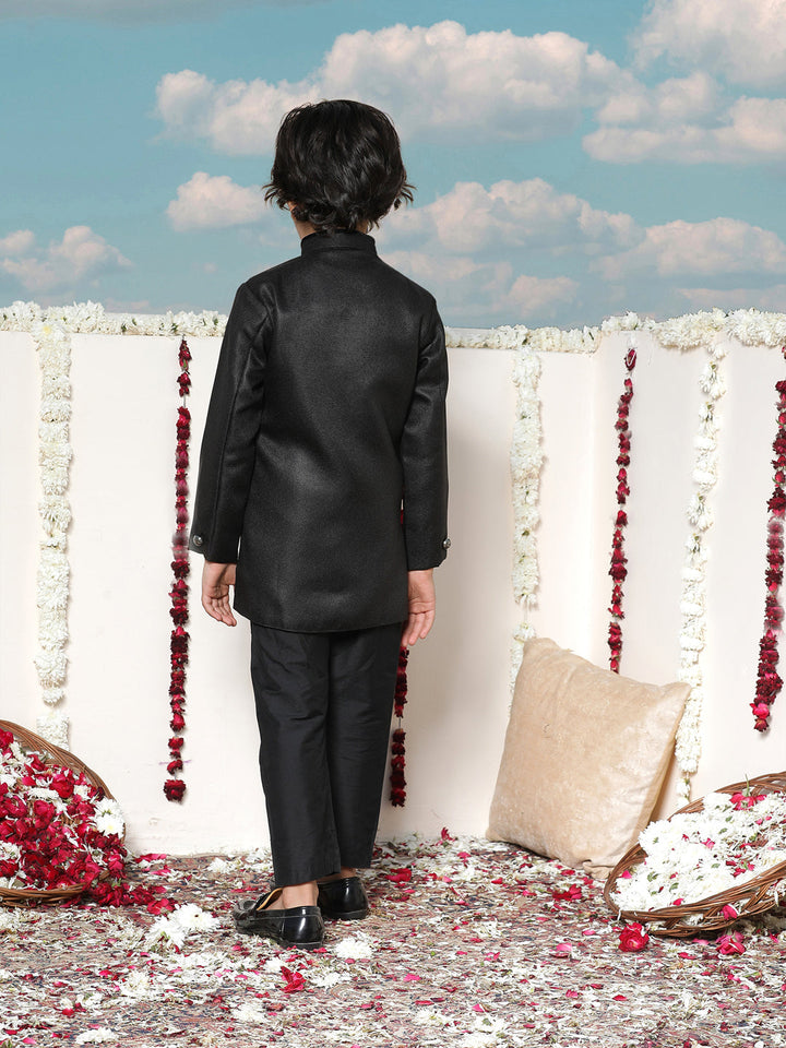 JBN Creation Boys Black and Gold Jute Blend Angrakha Style Sherwani and Pyjama Set - qivii