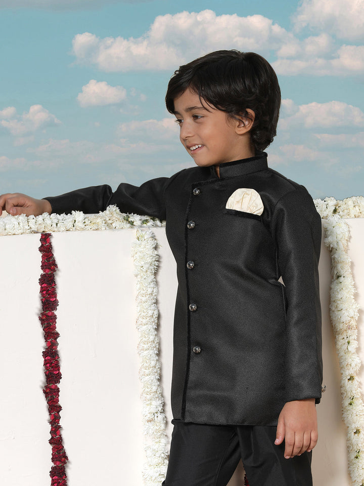 JBN Creation Boys Black and Gold Jute Blend Angrakha Style Sherwani and Pyjama Set - qivii