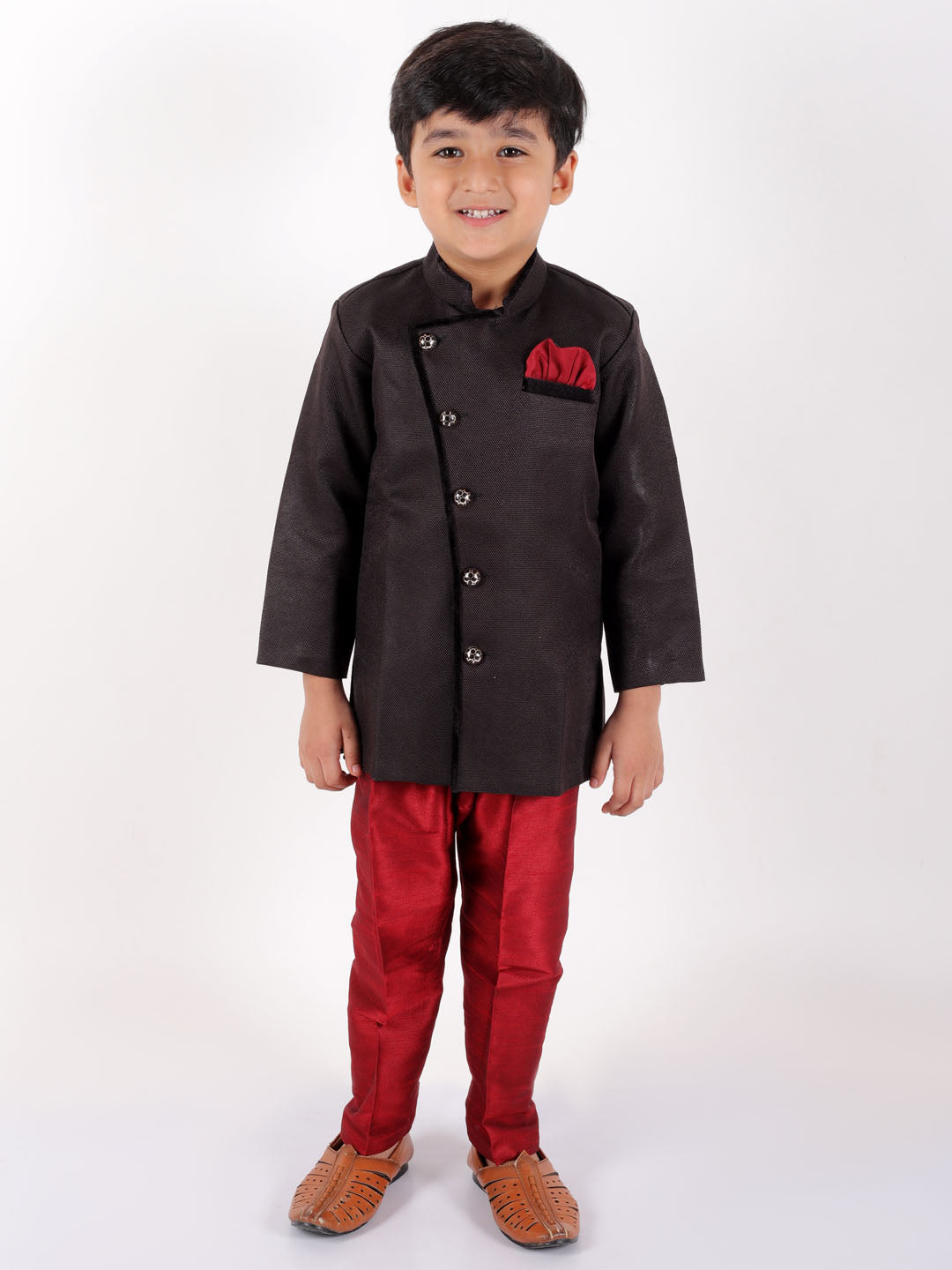 Vastramay Boys' Black Cotton Blend Sherwani And Pant Set - qivii
