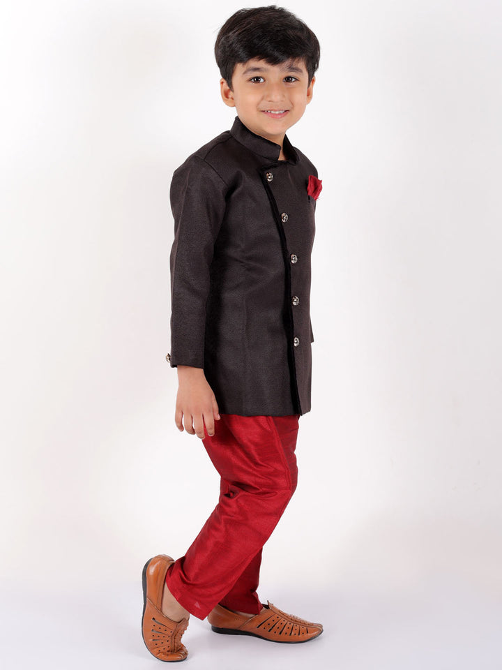 Vastramay Boys' Black Cotton Blend Sherwani And Pant Set - qivii