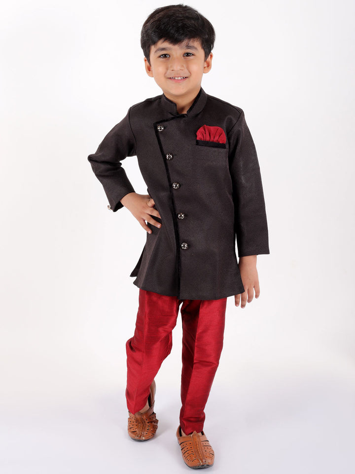 Vastramay Boys' Black Cotton Blend Sherwani And Pant Set - qivii