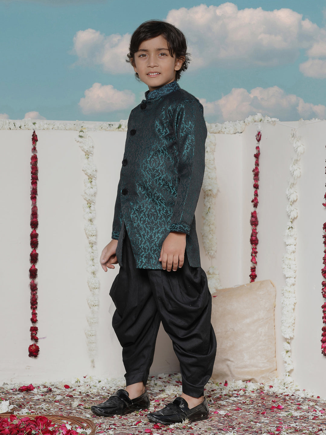 VASTRAMAY Boys' Turquoise Blue  Silk Blend Sherwani - qivii