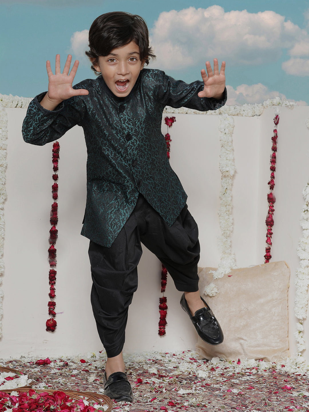 VASTRAMAY Boys' Turquoise Blue  Silk Blend Sherwani - qivii