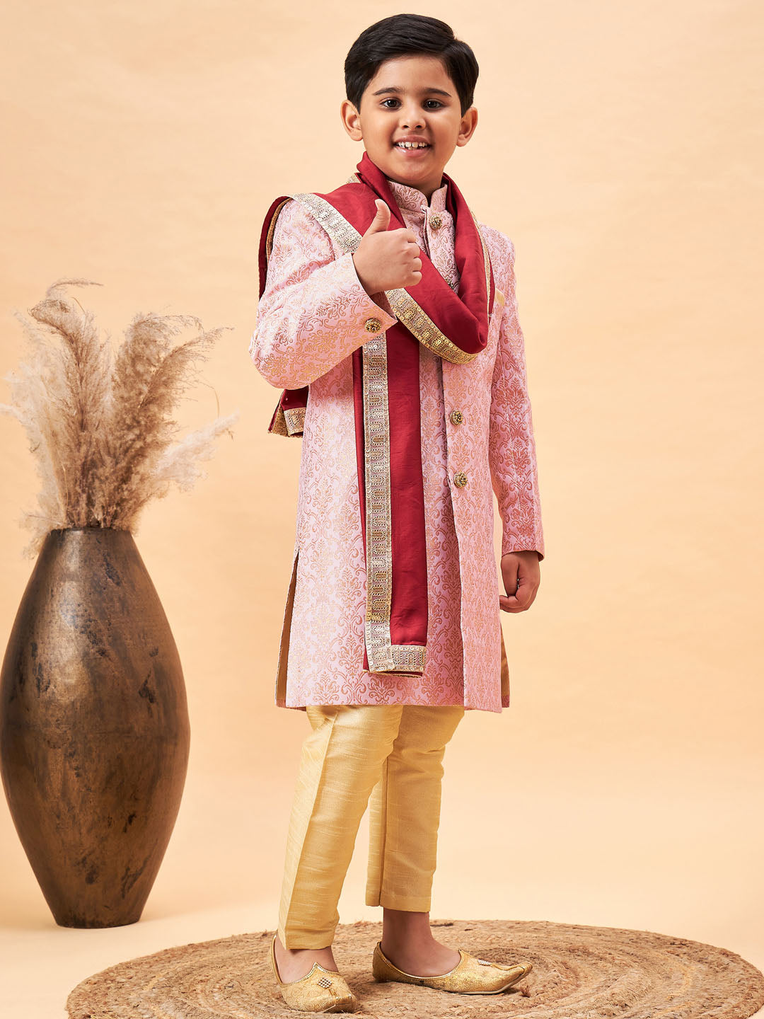 VASTRAMAY Boys Pink & Gold-Colored Woven-Design Brocade Slim Fit Sherwani Set With Maroon Color Dupatta - qivii