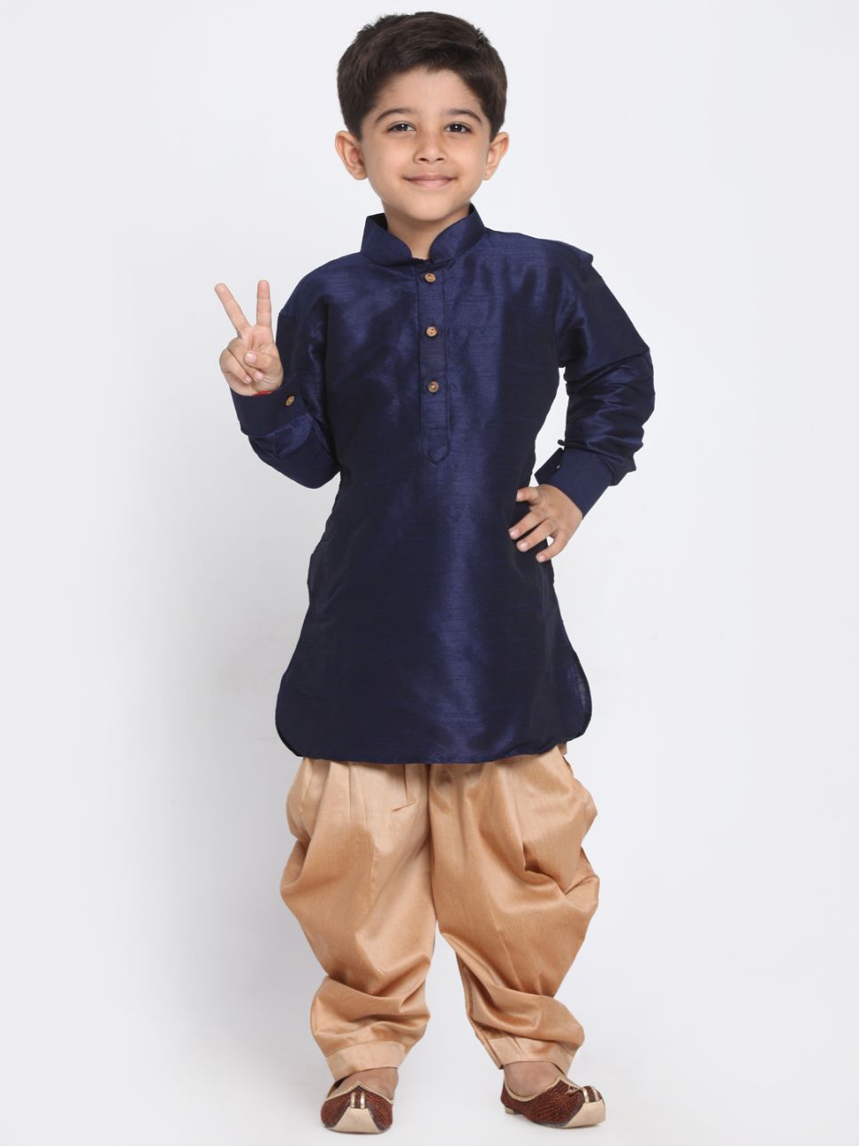 VASTRAMAY Boys' Navy Blue Cotton Silk Blend Kurta and Dhoti Pant Set - qivii