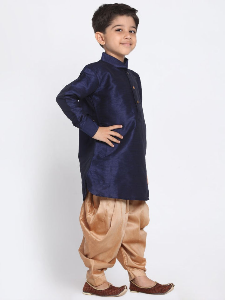 VASTRAMAY Boys' Navy Blue Cotton Silk Blend Kurta and Dhoti Pant Set - qivii