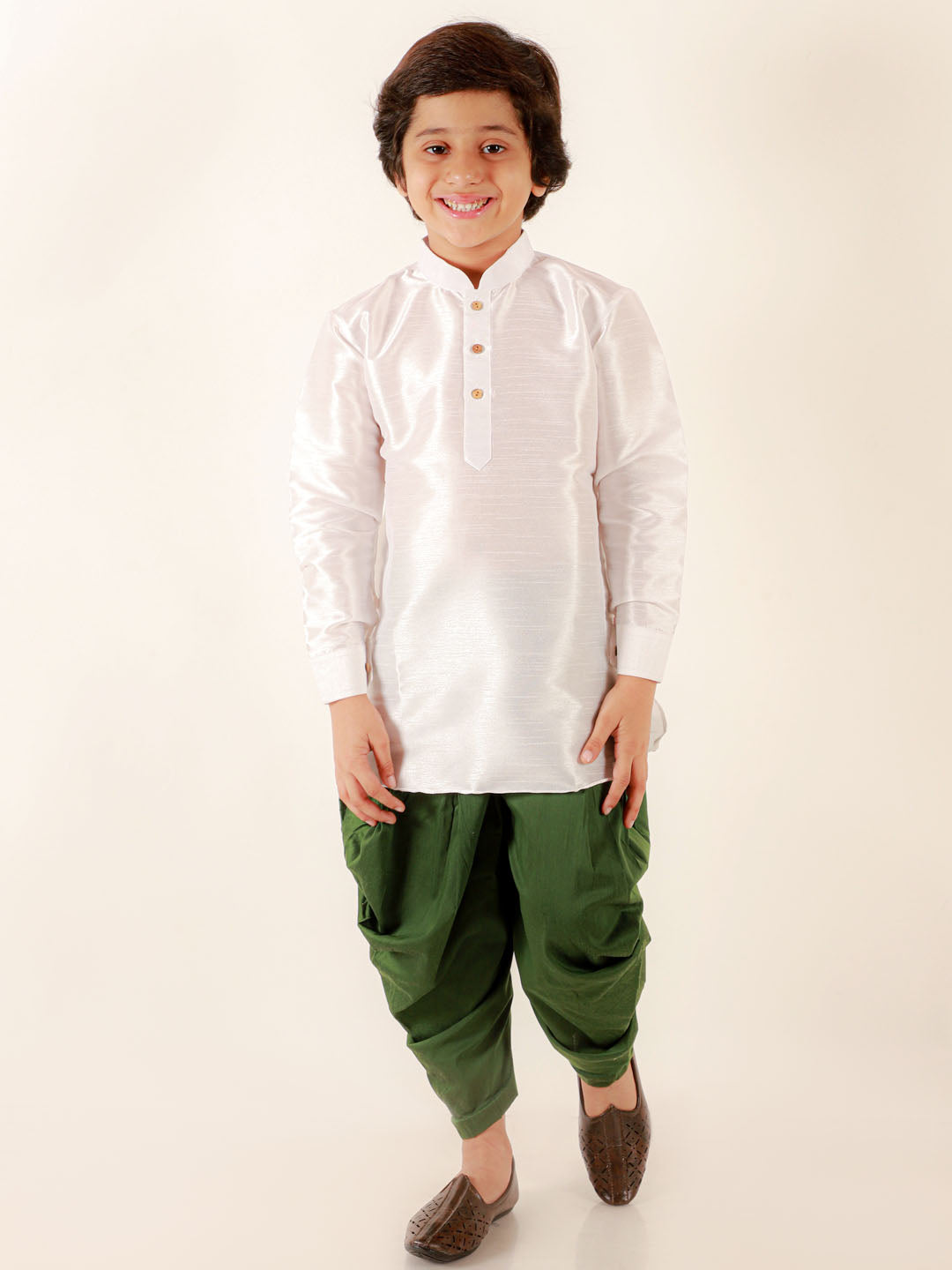 VASTRAMAY Boys' White Cotton Silk Kurta and Green Dhoti Pant Set - qivii
