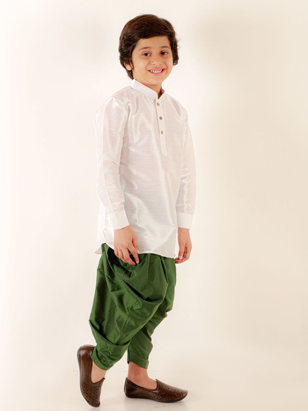 VASTRAMAY Boys' White Cotton Silk Kurta and Green Dhoti Pant Set - qivii