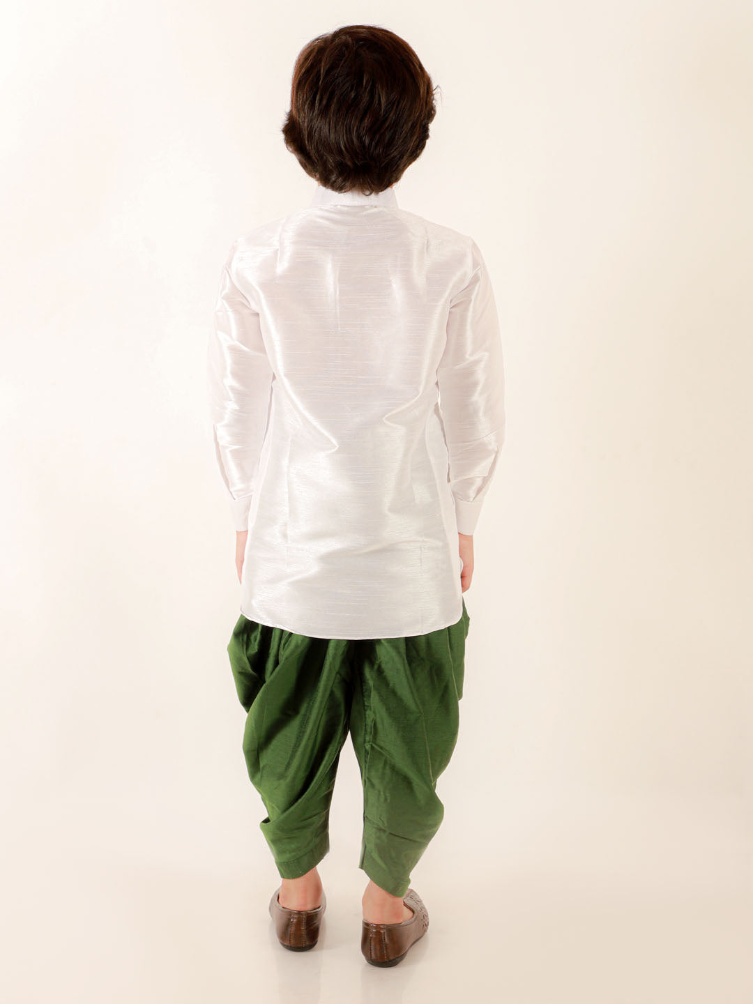 VASTRAMAY Boys' White Cotton Silk Kurta and Green Dhoti Pant Set - qivii