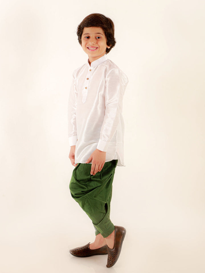 VASTRAMAY Boys' White Cotton Silk Kurta and Green Dhoti Pant Set - qivii