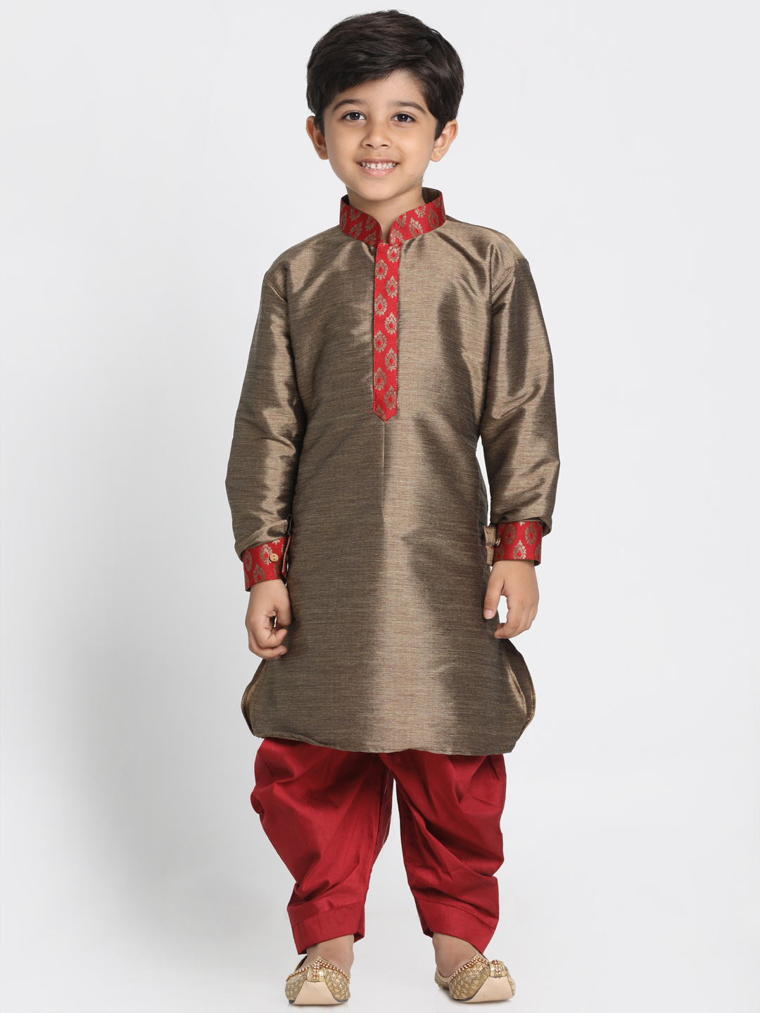 VASTRAMAY Boys' Gold Cotton Silk Blend Kurta and Dhoti Pant Set - qivii