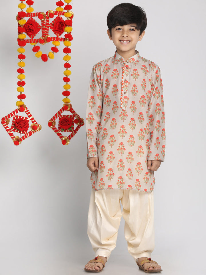VASTRAMAY Boys' Multicolor-Base-Beige Printed Kurta - qivii