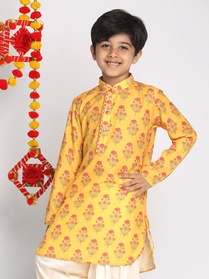 VASTRAMAY Boys' Multicolor-Base-Mustard Printed Kurta - qivii
