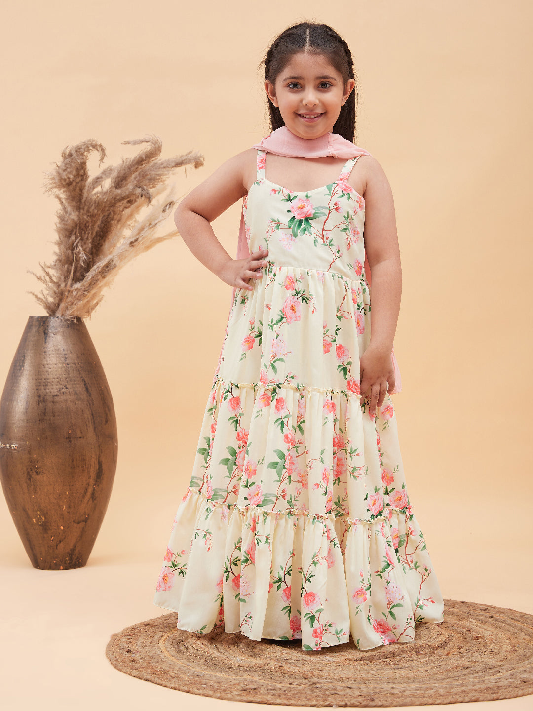 VASTRAMAY Girl's Light Yellow Floral Print Anarkali With Pink Dupatta - qivii