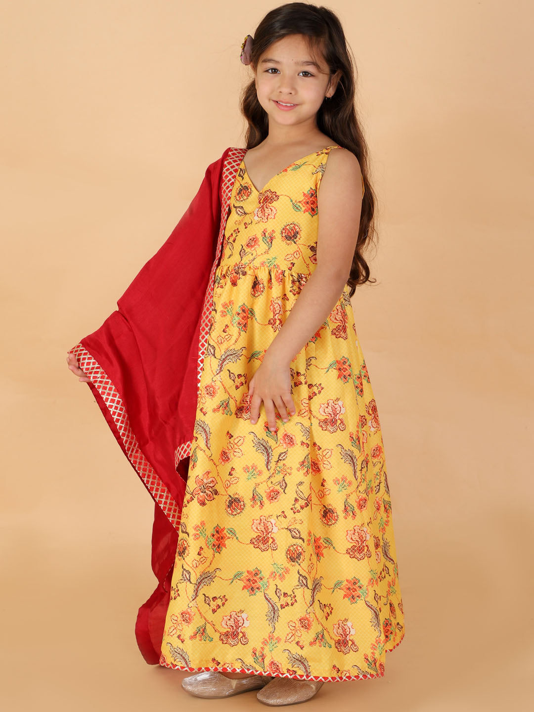 VASTRAMAY Girl's Yellow Floral Print Anarkali Kurta With Dupatta - qivii
