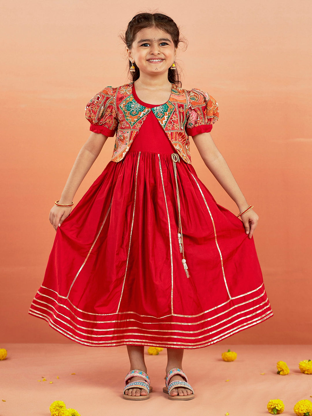 VASTRAMAY Girls' Red Anarkali Set - qivii