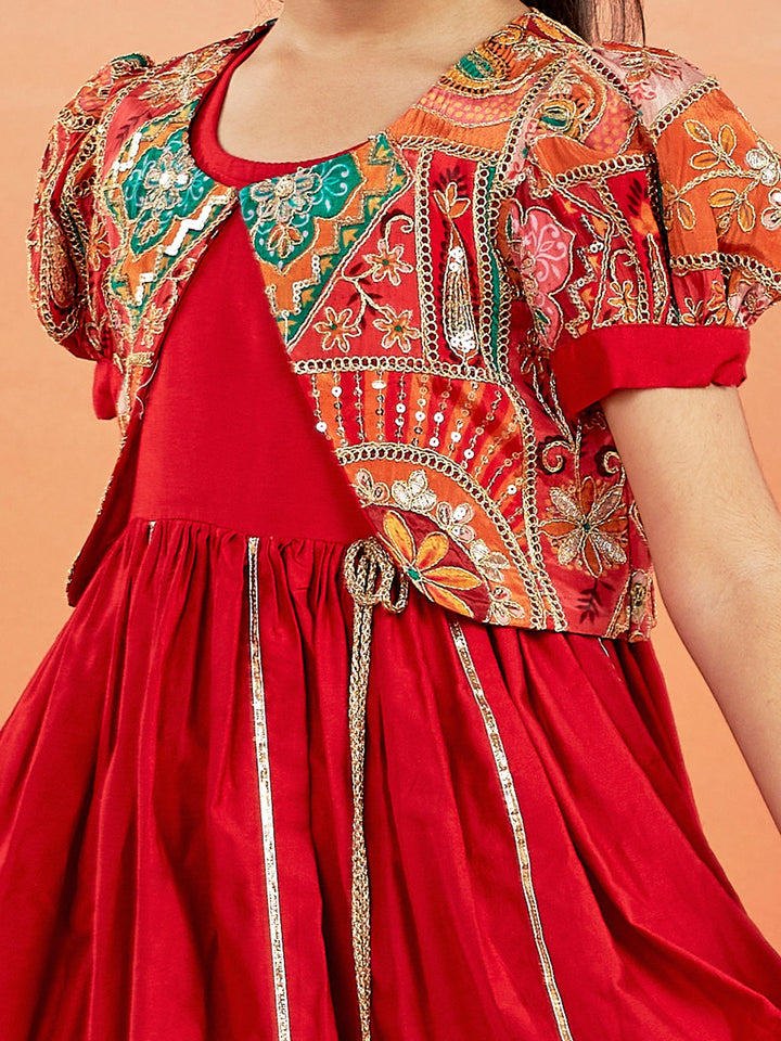 VASTRAMAY Girls' Red Anarkali Set - qivii