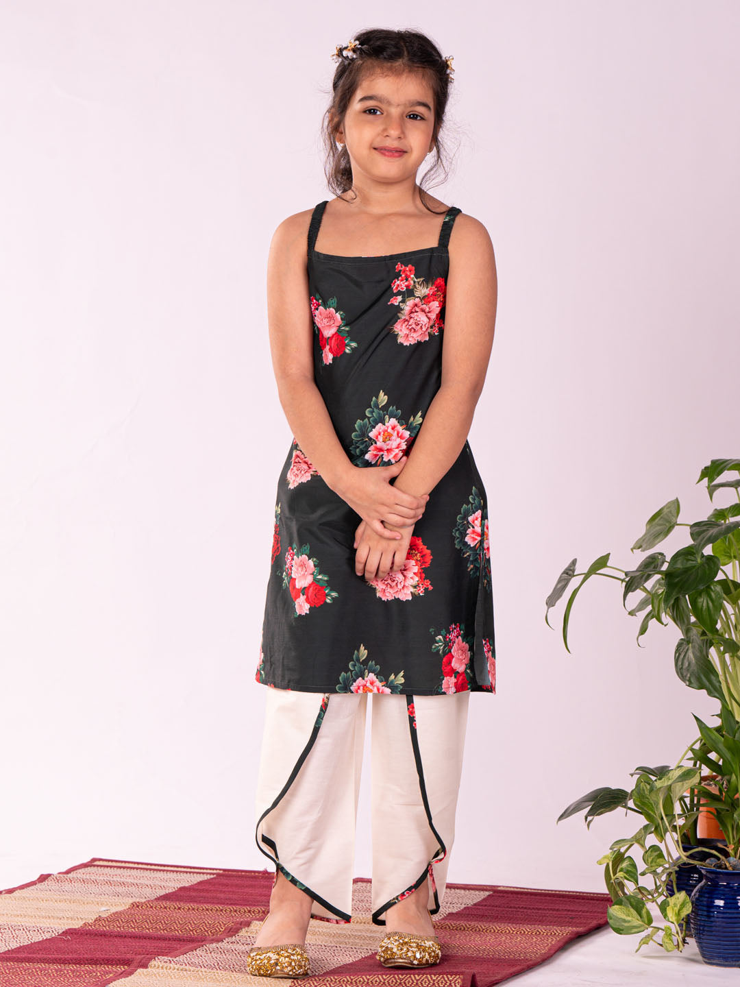 VASTRAMAY Girls' Floral Printed Cotton Silk Kurta And Tulip Pant Set - qivii