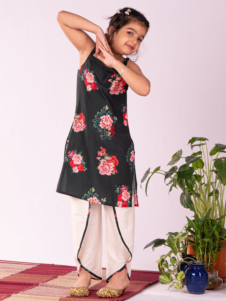 VASTRAMAY Girls' Floral Printed Cotton Silk Kurta And Tulip Pant Set - qivii