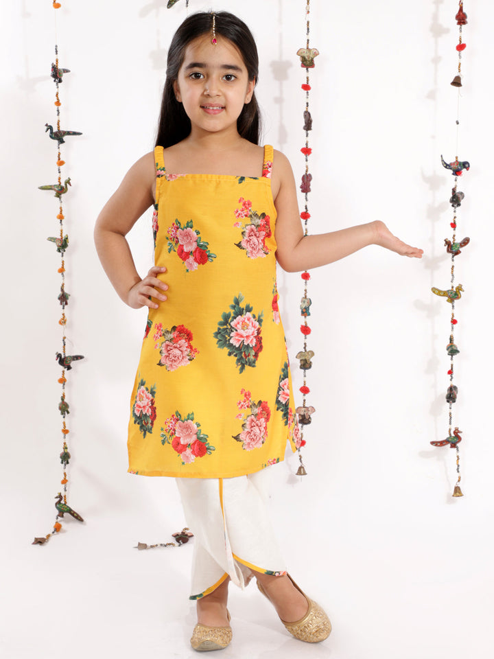 Girls' Floral Printed Cotton Silk Kurta And Tulip Pants - qivii