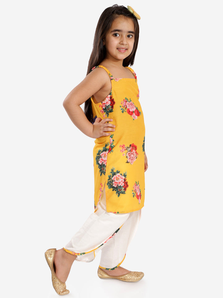 Girls' Floral Printed Cotton Silk Kurta And Tulip Pants - qivii