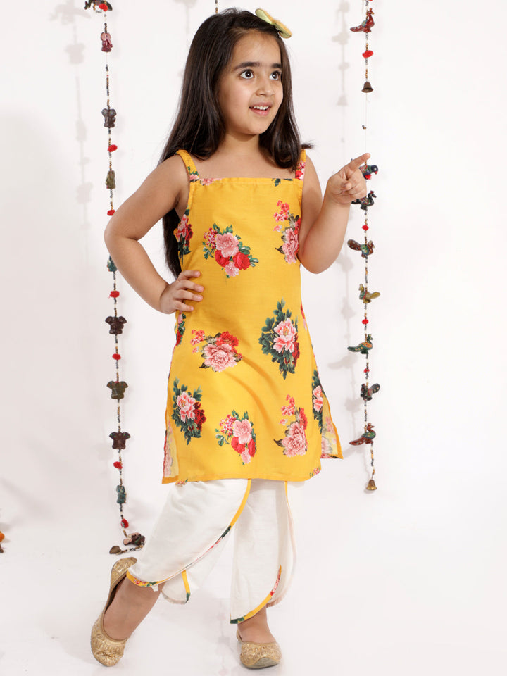 Girls' Floral Printed Cotton Silk Kurta And Tulip Pants - qivii