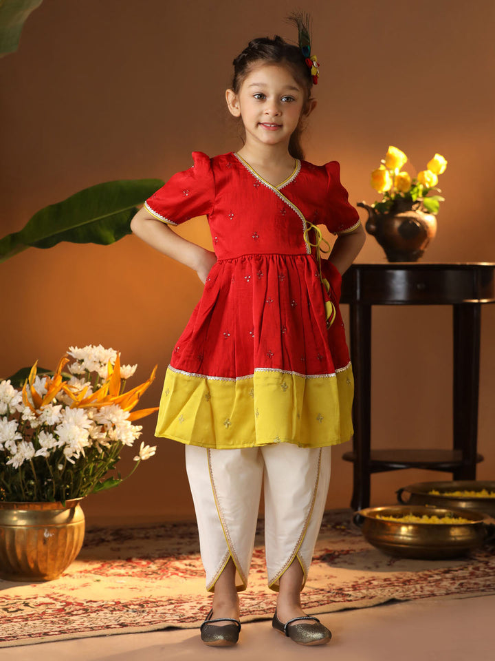 VASTRAMAY Girls' Red And Cream Dhoti Kurta Set - qivii