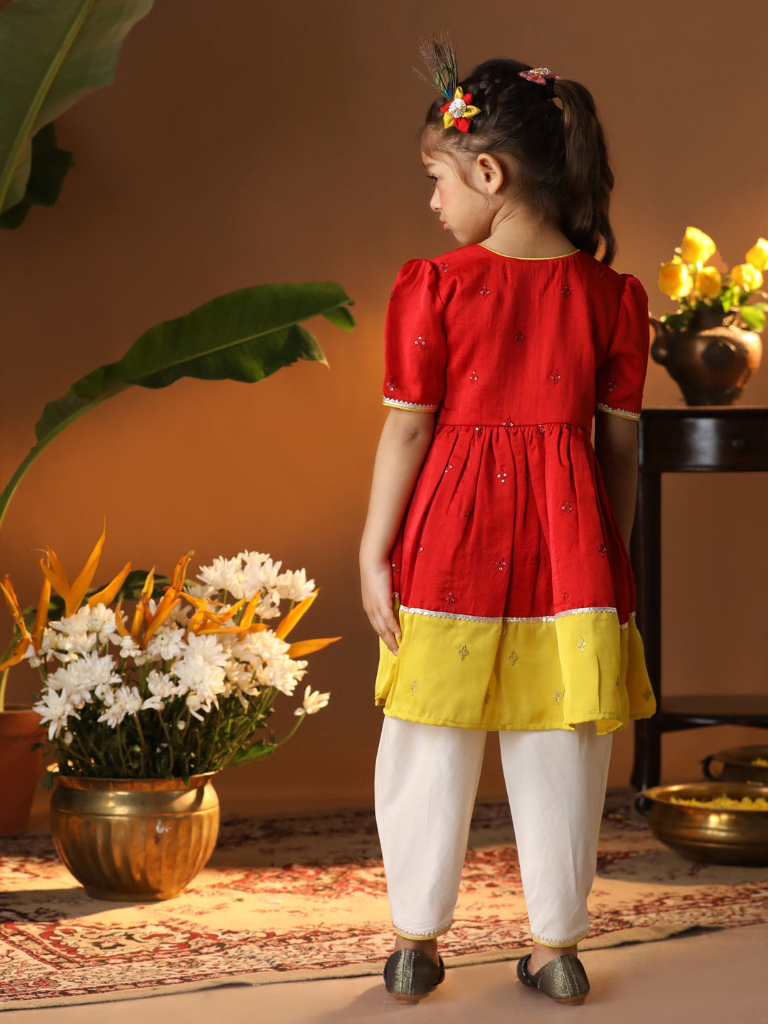 VASTRAMAY Girls' Red And Cream Dhoti Kurta Set - qivii