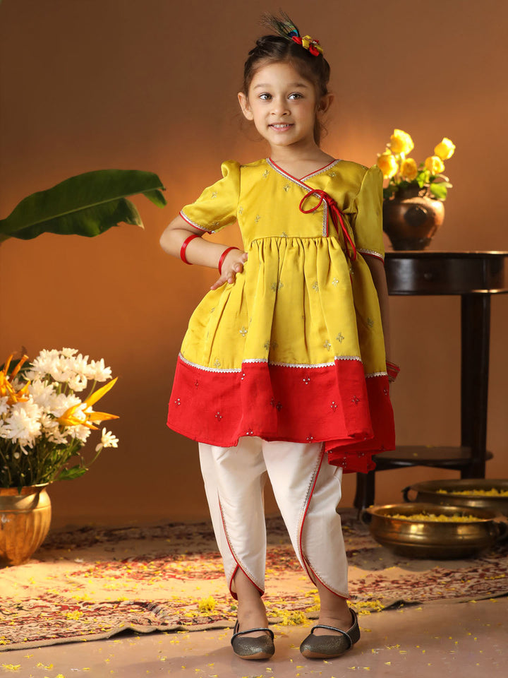 VASTRAMAY Girls' Yellow And Cream Dhoti Kurta Set - qivii