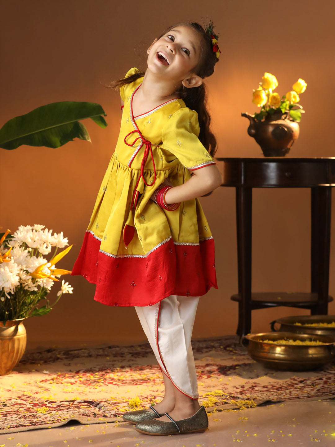 VASTRAMAY Girls' Yellow And Cream Dhoti Kurta Set - qivii