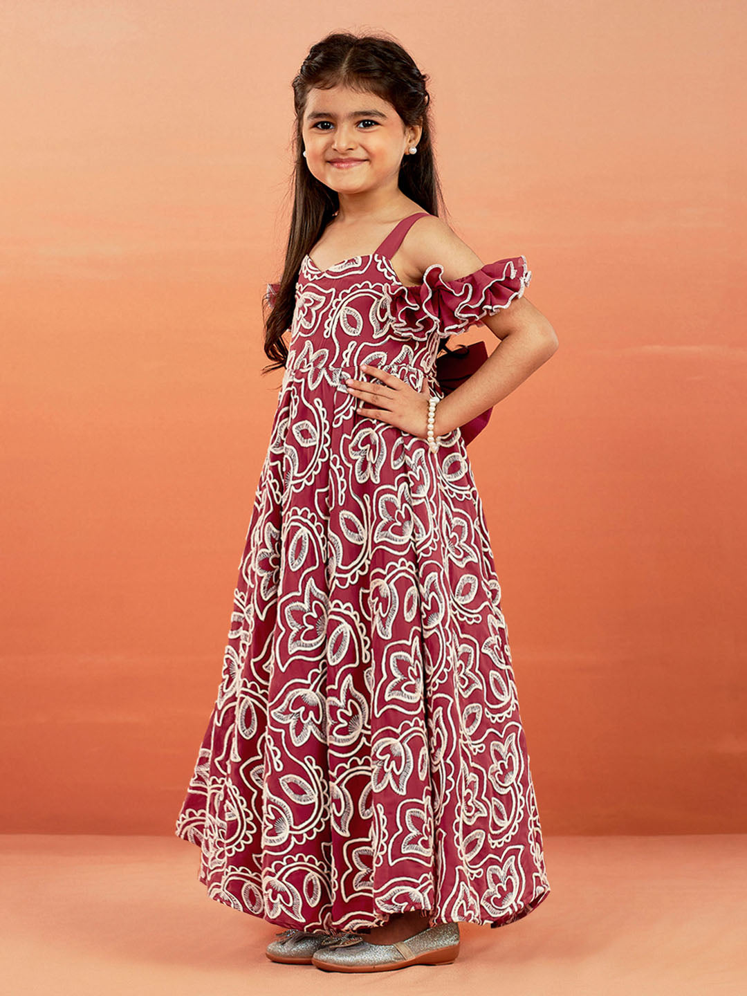 VASTRAMAY Girls' Maroon Georgette Floral Embroidered Gown For Girls. - qivii
