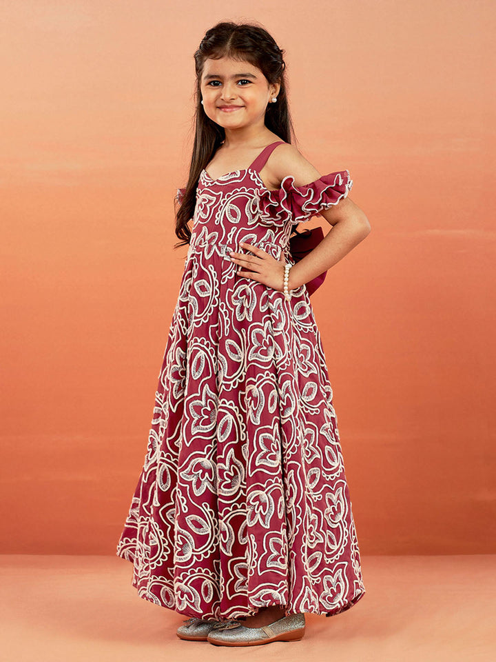 VASTRAMAY Girls' Maroon Georgette Floral Embroidered Gown For Girls. - qivii