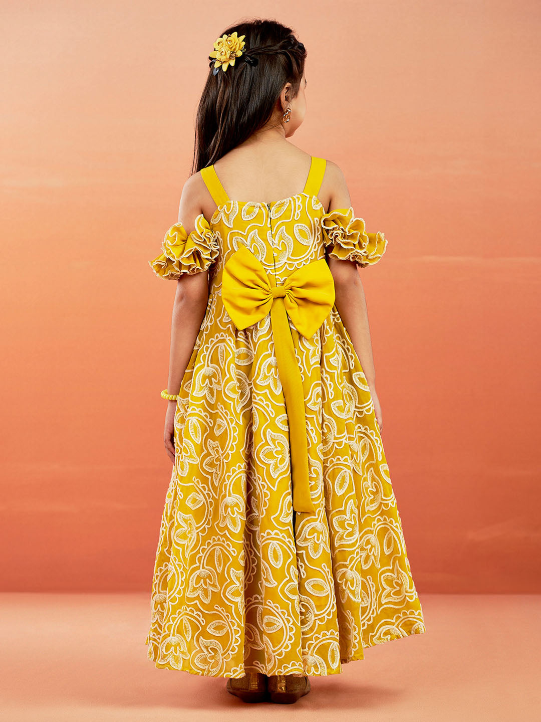 VASTRAMAY Girls' Mustard Georgette Floral Embroidered Gown For Girls. - qivii