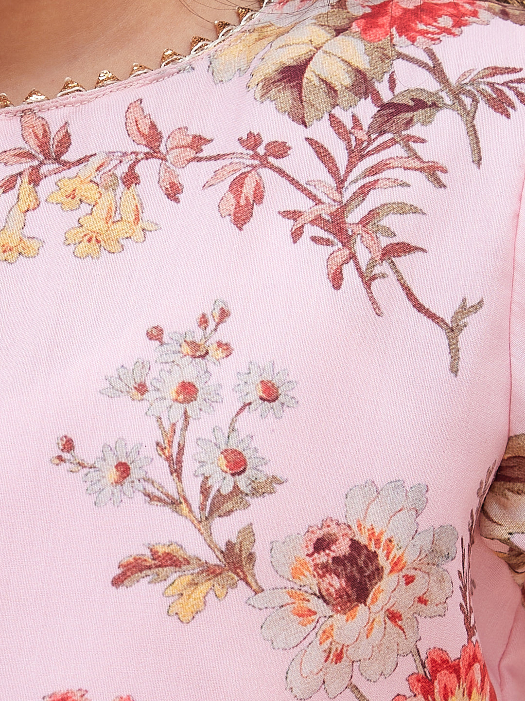 VASTRAMAY Girls Pink Floral Printed Kurta With Cream Pant Set - qivii