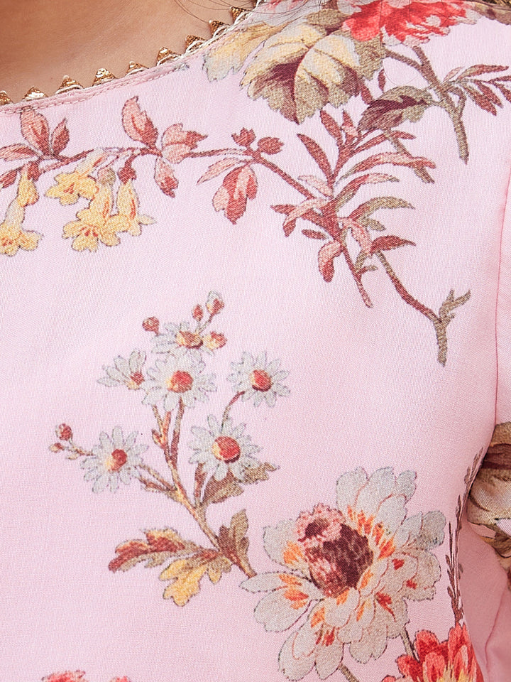 VASTRAMAY Girls Pink Floral Printed Kurta With Cream Pant Set - qivii