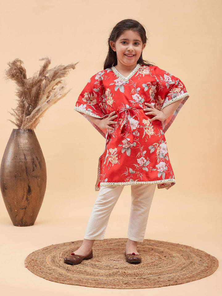 VASTRAMAY Girls Red Floral Printed Kaftan Kurta With Cream Pant Set - qivii