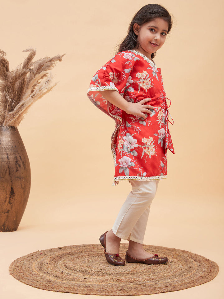 VASTRAMAY Girls Red Floral Printed Kaftan Kurta With Cream Pant Set - qivii
