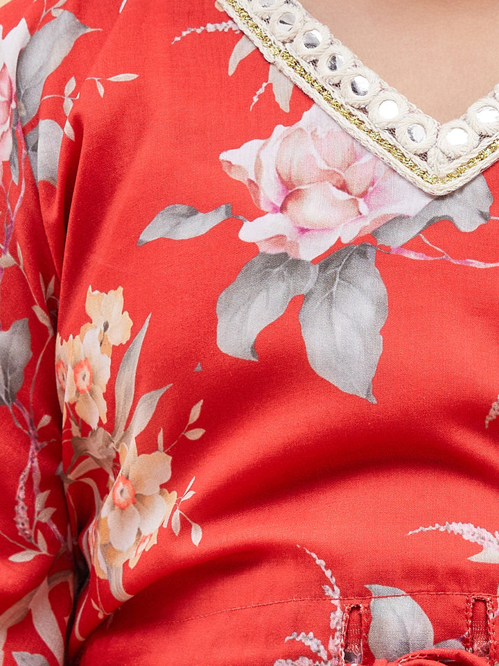 VASTRAMAY Girls Red Floral Printed Kaftan Kurta With Cream Pant Set - qivii