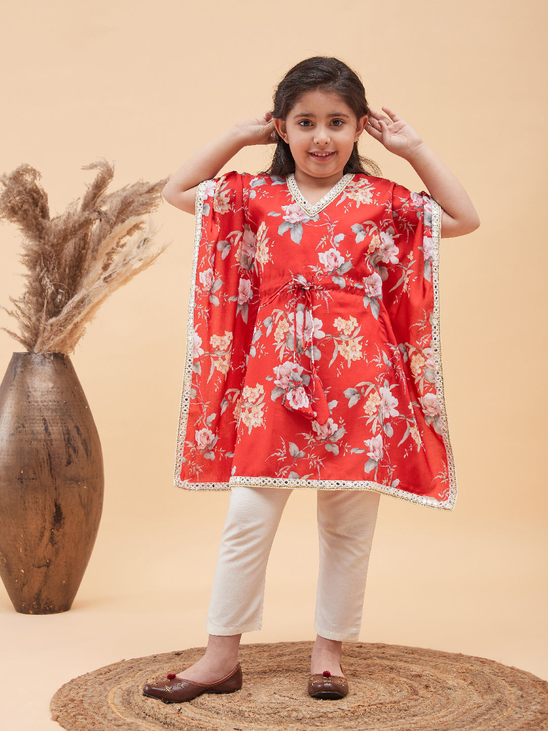 VASTRAMAY Girls Red Floral Printed Kaftan Kurta With Cream Pant Set - qivii