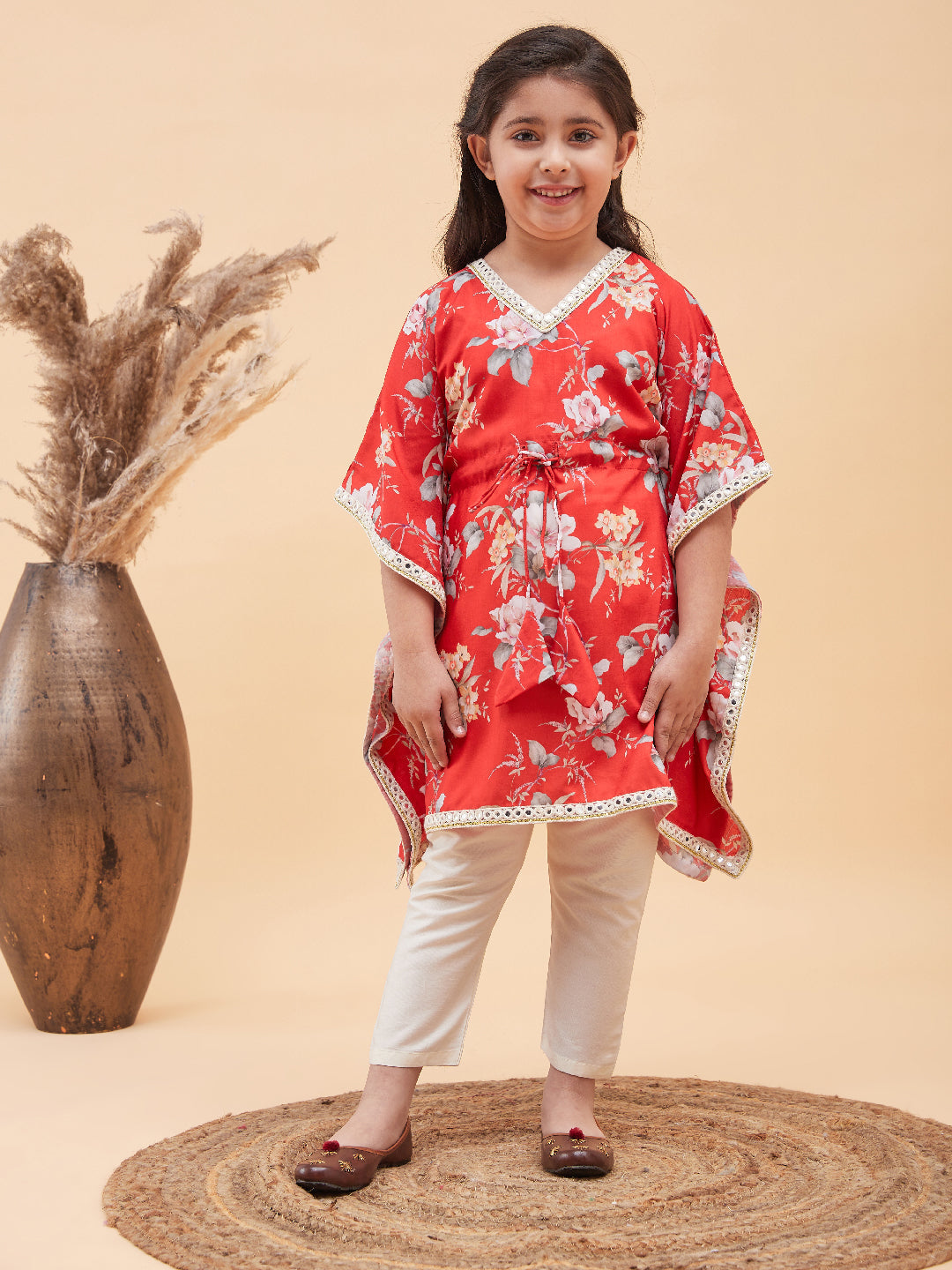 VASTRAMAY Girls Red Floral Printed Kaftan Kurta With Cream Pant Set - qivii