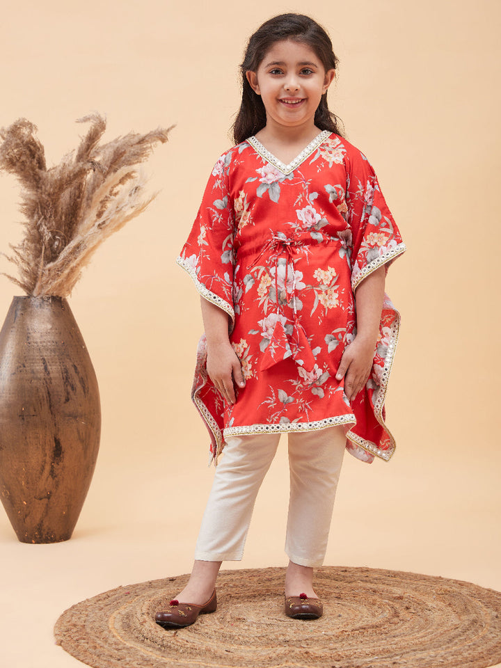 VASTRAMAY Girls Red Floral Printed Kaftan Kurta With Cream Pant Set - qivii