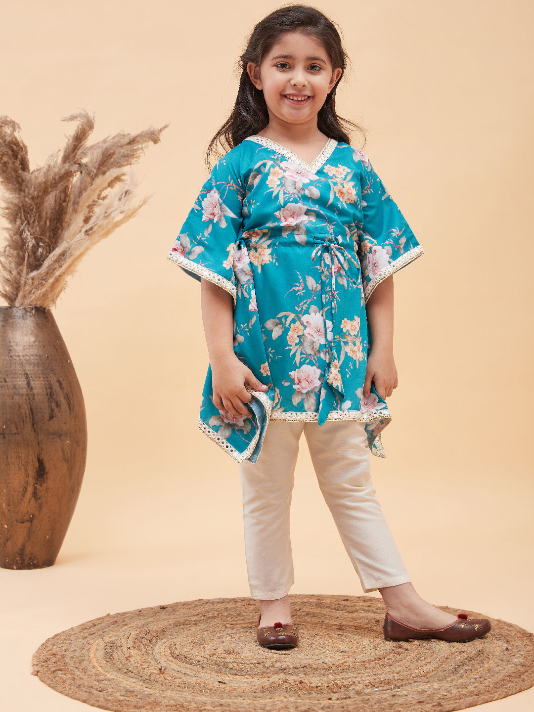 VASTRAMAY Girls Turquoise Blue Floral Printed Kaftan Kurta With Cream Pant Set - qivii