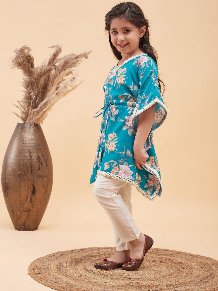 VASTRAMAY Girls Turquoise Blue Floral Printed Kaftan Kurta With Cream Pant Set - qivii
