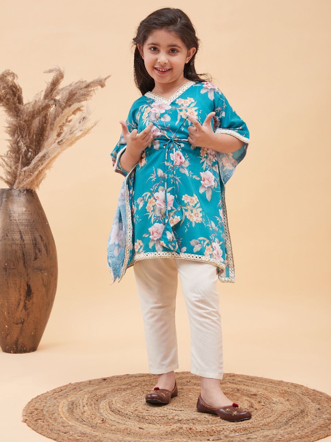 VASTRAMAY Girls Turquoise Blue Floral Printed Kaftan Kurta With Cream Pant Set - qivii