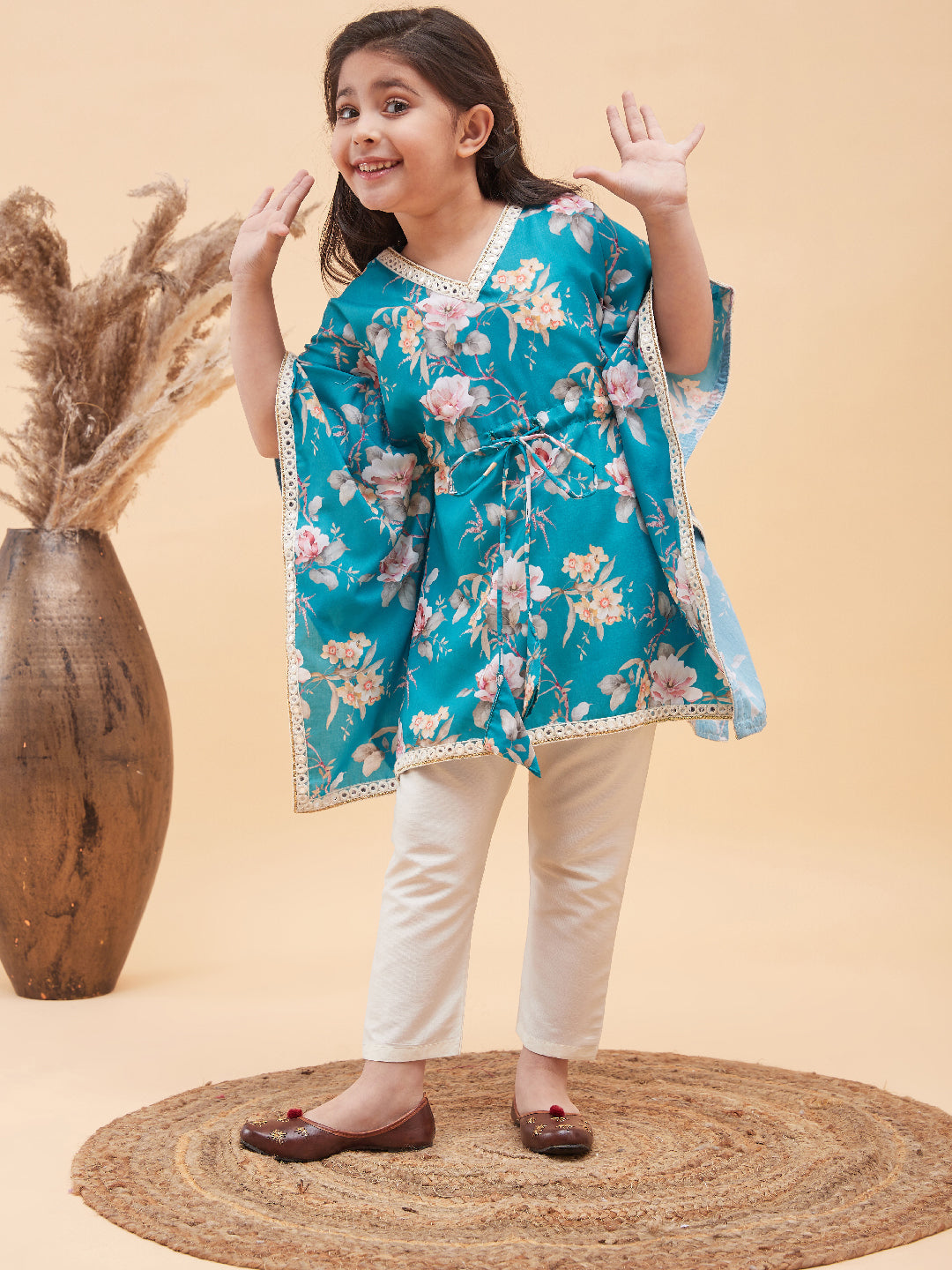 VASTRAMAY Girls Turquoise Blue Floral Printed Kaftan Kurta With Cream Pant Set - qivii