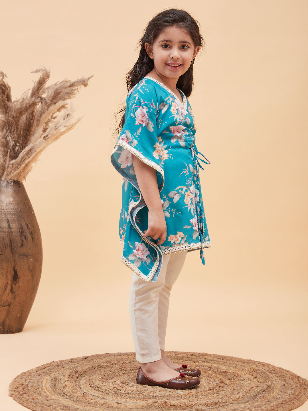 VASTRAMAY Girls Turquoise Blue Floral Printed Kaftan Kurta With Cream Pant Set - qivii