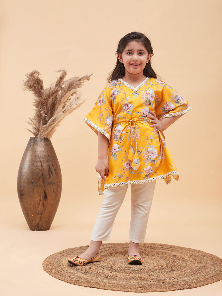 VASTRAMAY Girls Yellow Floral Printed Kaftan Kurta With Cream Pant Set - qivii