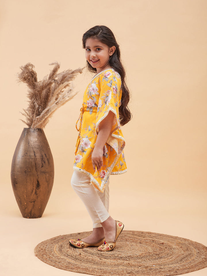 VASTRAMAY Girls Yellow Floral Printed Kaftan Kurta With Cream Pant Set - qivii
