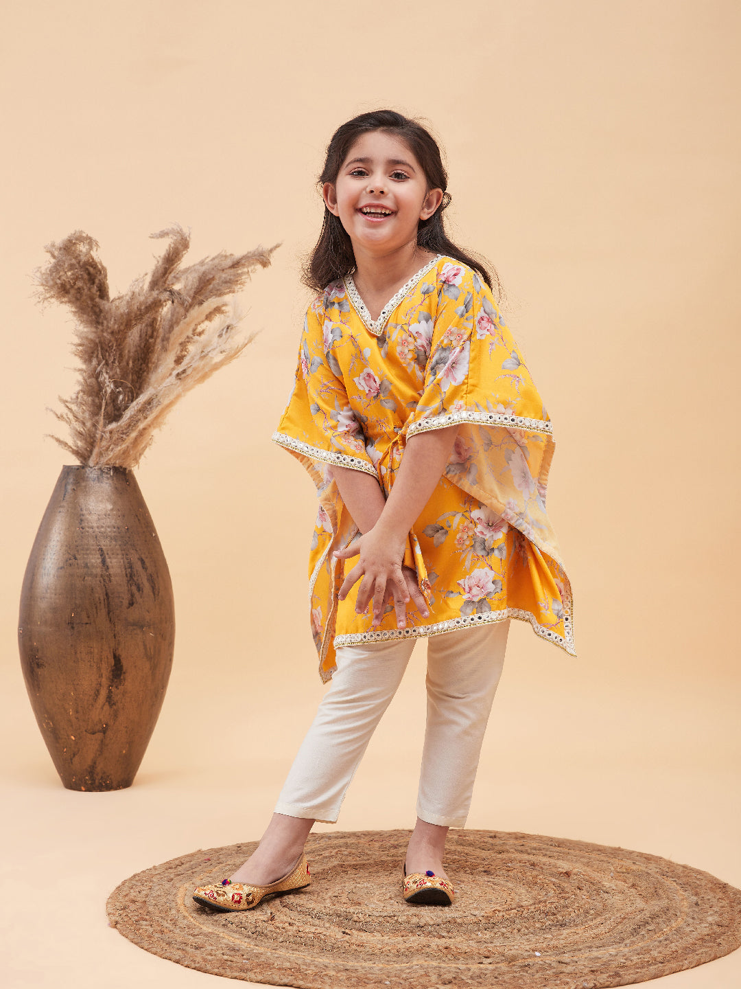 VASTRAMAY Girls Yellow Floral Printed Kaftan Kurta With Cream Pant Set - qivii