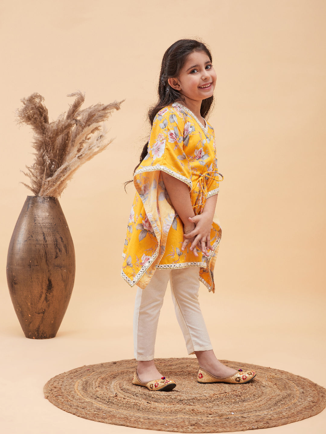 VASTRAMAY Girls Yellow Floral Printed Kaftan Kurta With Cream Pant Set - qivii